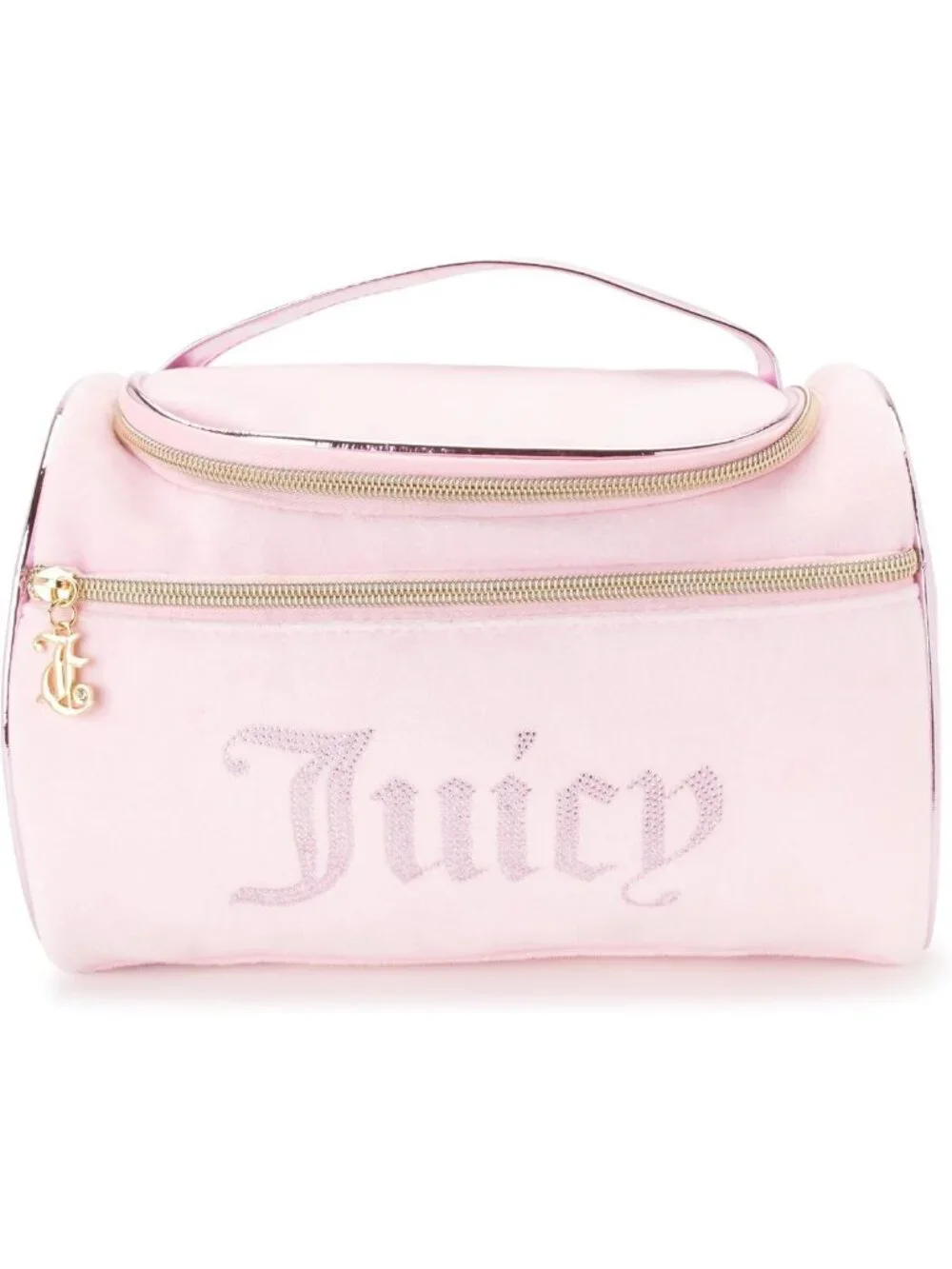 Pink Velour Makeup Bag | Travel Cosmetic Organizer with Rhinestones & Hanging
